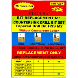 FTG USA Tapered Countersink Drill Bit Set 16 Pc #10 (3/16") Tapered Drill Bit Replacement, Countersink Bit Same Size for Wood Countersink Drill Bits
