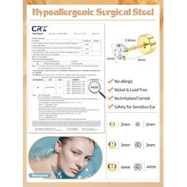 CASSIECA 12 Pairs Gold Stud Earrings Set for Women Men Flat Back Earrings 316L Surgical Steel Earrings Hypoallergenic Small Screw Back Sleeper Earrings Set CZ Ball Studs Cartilage Earrings 2-4mm