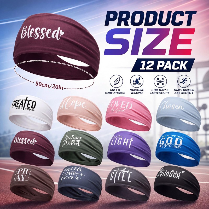 12 Pcs Christian Headbands for Men Women Sweatband Gift