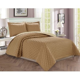 Elegant Comfort Luxury 3-Piece Bedspread Coverlet Diamond Design Quilted Set with Shams - All Season Heavy Weight - Wrinkle & Fade Resistant- Full/Queen, Taupe/Cream