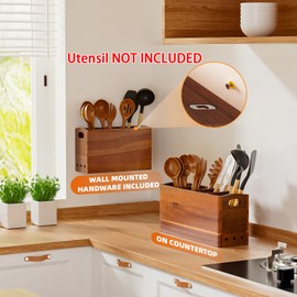 PrimZooty Natural Acacia Wood Utensil Holder for Kitchen Counter (X-Large), 4 Compartment with Removable Dividers 15.7"x7.2"x5.04", Extra Large Cooking Utensil Organizer - Anti-Scratch Bottom