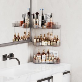 Asayuee 3-Tier Corner Bathroom Counter Organizer with Top Toothbrush Holders,Large Makeup Organizer Countertop with Brush Holder,Skincare Organizers Corner,Exquisite Vanity Organizer (Gray, 3 Tier)