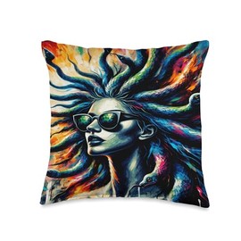 Mens Retro Medusa in Sunglasses Greek Mythology Throw Pillow