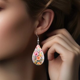 the fun things Romantic Wildflowers Teardrop Earrings Wood Dangle Solid Sterling Silver Wires