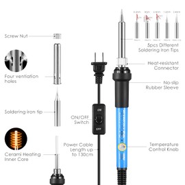 Soldering Iron Kit, Adjustable Temperature 13-in-1 60W Soldering Tool, Solder Kit Electronics with ON/Off Switch, 5 Soldering Tips, Solder Sucker, Stand, Tweezers, Solder Wire, Wire Cutter, Carry Bag