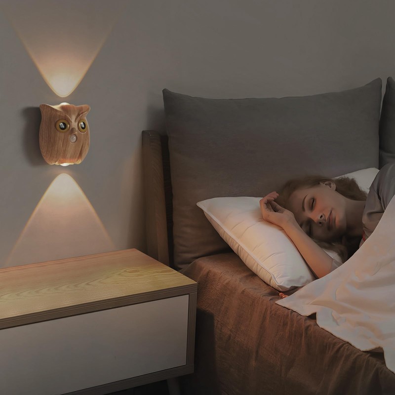 GDQ Wireless Motion Sensor Night Light, Cute Owl Wood Grain
