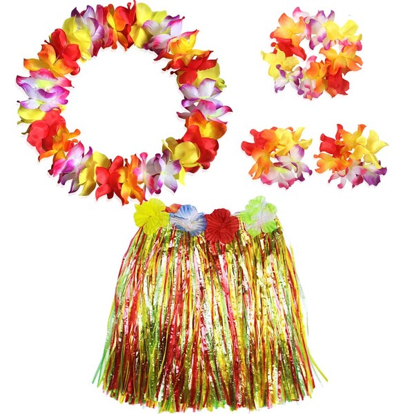 Hawaiian Leis Luau Tropical Headband Flower Crown Wreath Headpiece Wristbands Grass Skirt Women Girls Necklace Bracelets Hair Band for Summer Beach Vacation Pool Party Decorations Supplies Colorful