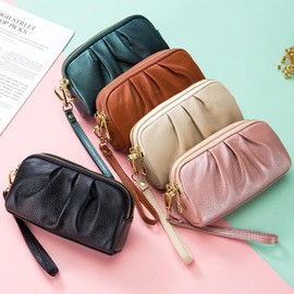 Wristlet Wallets for Women Genuine Leather Wristlet Purses Ladies Ruched Wristlet Clutch Wallet Purses, Green