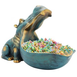 aboxoo Hippo Statue,Large Hippopotamus Figurine Home Sculpture with Resin, Hippo Candy Jar, Candy Dish Bowl for Office Desk, Key Bowl for Entryway Table,Container Storage Art Decor Box(Dark Blue)