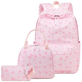 CAMTOP Girls Backpack with Lunch Box Set, Cute Bow School Backpack for Kids, 3-in-1 Lightweight Lunch Bag and Pencil Pouch