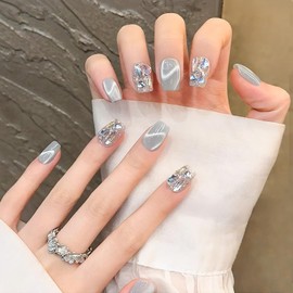 Chisafly Nail Tips, Short False Nails, 100% Handmade, Blue, Summer, Magnetic Nails, Light Blue, Handmade, Medium, Double Sided Tape Included, Reusable, Set of 10 (Ripple M)