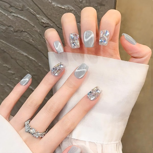 Chisafly Nail Tips, Short False Nails, 100% Handmade, Blue, Summer,