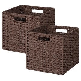 11 Inch Wicker Cube Storage Bins,Hand-Woven Paper Rope Storage Baskets, Set of 2, Foldable Square Storage Basket with Handles for Shelves, Closets, Home,Pantry, and Living Room (Dark Brown, 2 Pack)