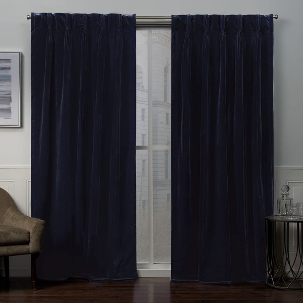 Exclusive Home Curtains, Velvet PP Pinch Pleat Curtain Panel, 27x96, Navy