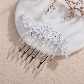 Kercisbeauty CZ Crystal Flower Sparkle Side Headpiece Wedding Bridal Hair Comb Women Vintage Hair Accessories (Silver)