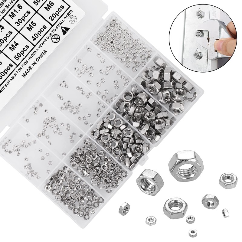 FandWay 380Pcs Metric 304 Stainless Steel Hex Nuts Assortment Kit