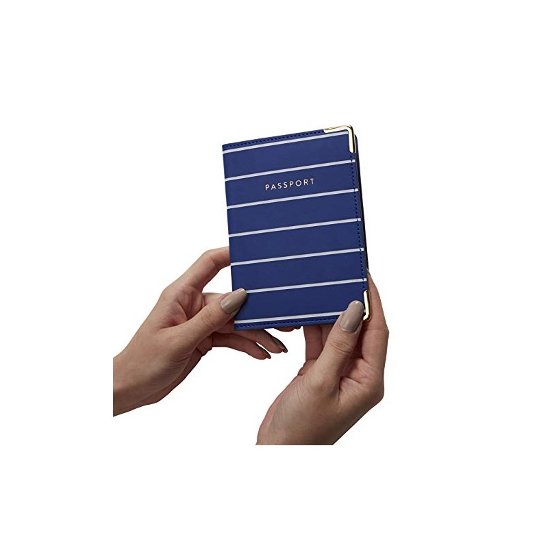Eccolo Travel Passport Cover Case with Storage Pocket, Blue Striped
