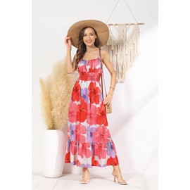 Women's Floral Summer Dress 2024 Spaghetti Strap Sleeveless Ruffle Hem Flowy Boho Maxi Dresses Red Floral S