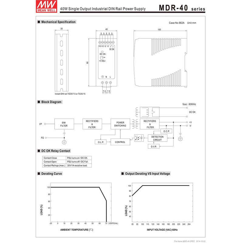 MW Mean Well MDR-40-12 12V 3.33A 40W Single Output Industrial
