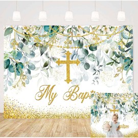 My Baptism Backdrop Greenery Leaves Wreath Baptism Gold Cross God Bless First Holy Communion Party Background for Girl Pink Floral Christening Newborn Baby Shower Banner Photo Booth Props 6x4ft