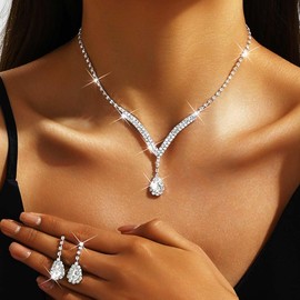 Jovono Rhinestone Necklace Set Silver Wedding Crystal Earrings Set Bridal Jewellery Set for Women, Alloy, rhinestone, Rhinestone