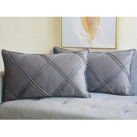 Lutanky Light Grey Velvet Cushion Covers Decorative Rectangle Throw Pillow Covers Checked Design Elegant Pillowcases for Sofa Bed Living Room 12x20 Inch 30 x 50 cm Set of 2