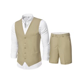 MY'S Men's 2 Piece Linen Vest Pants, Regular Fit Waistcoat Shorts, Casual Beach Summer Wedding Prom Homecoming Outfit Deep Khaki