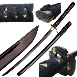 Musha Hand Forged Samurai Sword, Katana - Damascus Steel Blade Titanium Coating Blade, Full Tang. for Collection, Gift, Straw Matt Cutting Practice (Black)