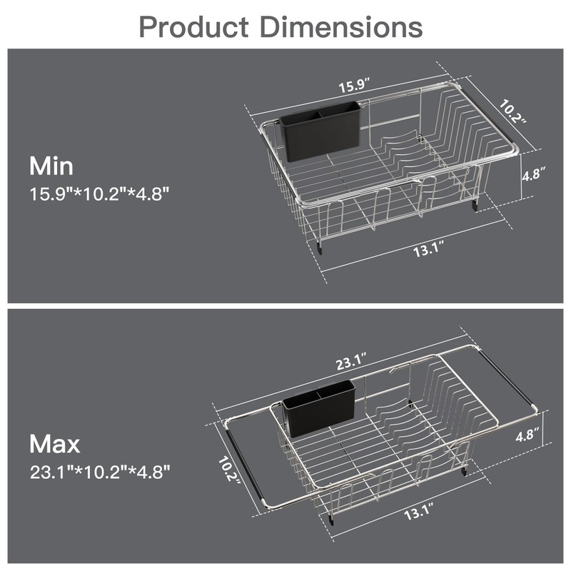 Over the Sink Expandable Dish Drainer Drying Rack In Stainless