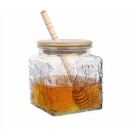 ANSQU Honey Pot, Airtight Glass Honey Jar with Bamboo Lid and Dipper Stick, Honey Container for Storing Syrup Jam Mason Jar for Home Kitchen, 17oz (Square Sunflower,1 Pack)
