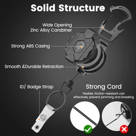 1 Pack Retractable Keychain Heavy Duty Carabiner Badge Holder with Magnetic Closure, Tactical ID Badge Reel for Men with 32” Steel Retractable Cord, Bearing 17 OZ