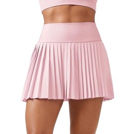 CRZ YOGA Women's High Waisted Pleated Tennis Skirts with Pockets Tummy Control Casual Liner A Line Workout Golf Skorts Strawberry Pink Large