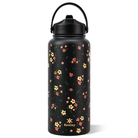 32 oz Insulated Water Bottle with Straw, Floral Water Bottle Stainless Steel with Flip Straw and Handle, Leak Proof, Metal, Reusable, Wide Mouth, for Travel, Gym and School (Floral Black)
