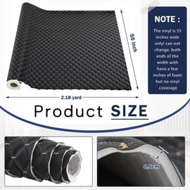 SmoothNovelty 2.1 Yards Diamond Quilted Vinyl Headliner Material 55 in Wide Faux Leather with Foam Backed 2" x 3" Diamonds Pattern Fabric for Car Automotive Furniture Upholstery(Black, Yellow Thread)