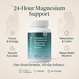 Magnesium 3X Complex – Bisglycinate, L-Threonate & Taurate – 3-in-1 Supplement for Brain, Muscle & Heart Support – 200mg Elemental Magnesium per Daily Dose – 180 Vegan Capsules – Made in Canada