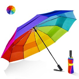 Lejorain Large Golf Umbrella Rainbow - Oversized 54inch Double Layer Windproof 10Ribs Folding Travel Umbrella Compact Auto Open Close for Rain Women/Men