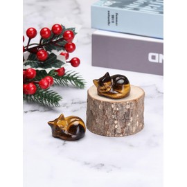 CrystalTears Tiger Eye Healing Crystal Cat Figurine Carved Crystal Gemstone Sleeping Cat Statue Lucky Cute Stone Cat for Home Office Desk Meditation Decor Cat Gifts for Women Men Christmas