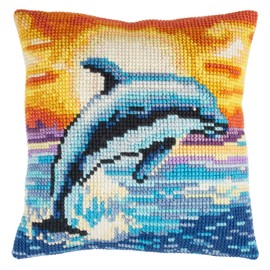 Trimits Cross Stitch Cushion Kit, Cushion Back Included, Pre Printed Canvas, Yarn and Needle Included 40 x 40cm (15.75 x 15.75in), Dolphin