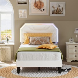 LIKIMIO Twin XL Bed Frames with Lighted Headboard, Upholstered Modern Cama Twin XL Platform Bed with Heavy Duty Supports, No Box Spring Need, Noise Free, Easy Assembly, White