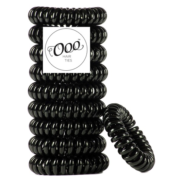 10 Pack Painless PATENTED OOO Hair Ties. Ponytail holder spiral coil traceless rubber bands. Best kids girls woman accessory all types of hair. Exercise, work & everyday. LARGE SIZE (Black)