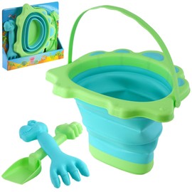 The Magic Toy Shop Pool Toys Play Sand Pit Kits Beach Bucket and Spade Set for Kids Blue Dinosaur Shaped Collapsible Foldable Plastic Bucket Outdoor