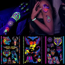 Glaryyears Neon Glow in the dark Temporary Tattoos, 80+ UV Fake Tattoo Stickers, for Men Women Adults Party Favor Supplies Night Pub