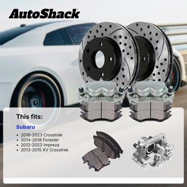 AutoShack Rear Solid Drilled & Slotted E-Coated Brake Rotors + Ceramic Pads + Calipers 8-PC Brake Kit Replacement for 2014-2018 Subaru Forester 2012-2023 Subaru Impreza ShadowGuard 10.78" (273.8 mm)