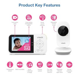 VTech VM819 - Monitor de bebé con cámara y audio, cámara portátil de bebé con pantalla de 2.8", visión nocturna, audio bidireccional, sensor de temperatura y canciones de cuna, transmisión segura sin