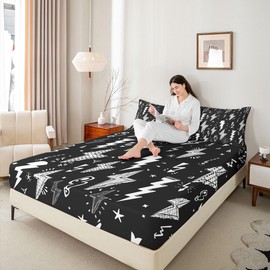 Homewish Lightning Fitted Sheet Hand Drawn Doodle Lightning Bolt Bedding Set 3pcs for Kids Boys Thunderbolts Sheet Set Microfiber Bed Sheet Set (1 Fitted Sheet + 2 Pillow Cases) Queen Size