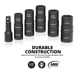 NEIKO 02287B 1/2 Inch-Drive Impact Socket Set, 6 Pc Impact Flip Socket Set, 10 Deep SAE & Metric Sizes, Thin Wall Wheel Lug Nut Socket Set, Cr-Mo, 3" Impact Extension Bar, 6 Point, 19 & 21mm Sockets