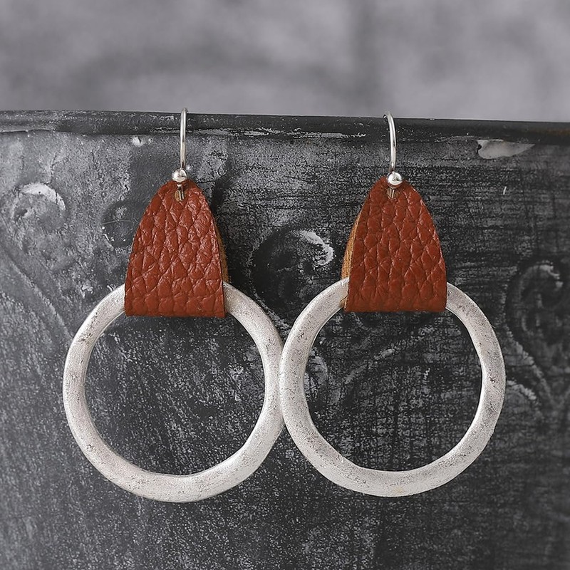 Women Pu Leather Geometric Irregular Round Earring Square Dangle Drop