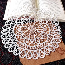 Set of 4 Round Embroidered Table Mats, Crochet Coasters, Crochet Doilies, Handmade Coasters, White Lace Embroidery Placemat, Flower Mat, Lace Doilies, for Cups, Vases, Antique, Camellia, 35 cm