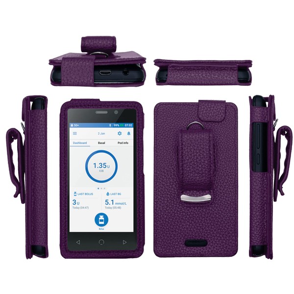Fitted Leather Case W/Screen Protector (Includes Carabiner & Lanyard) for Omnipod Dash PDM (Personal Diabetes Manager) (Purple)