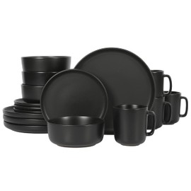 Gibson Home Zuma Stoneware Plates, Bowls, & Mugs Dinnerware Set - Matte Black, Service for Four (16pcs)